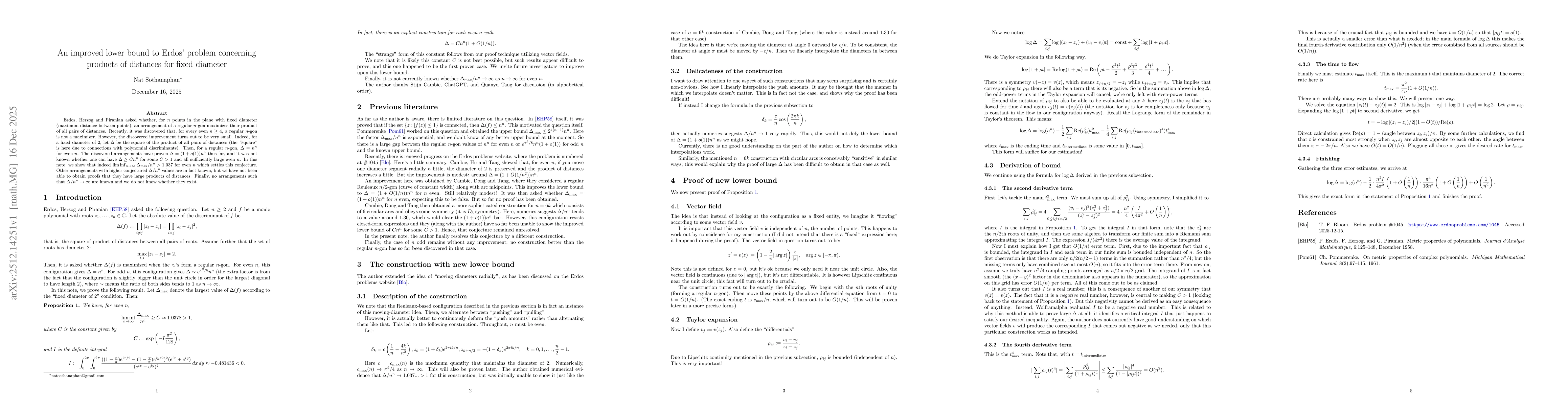 Thumbnail for An improved lower bound to Erdos' problem concerning products of distances for fixed diameter