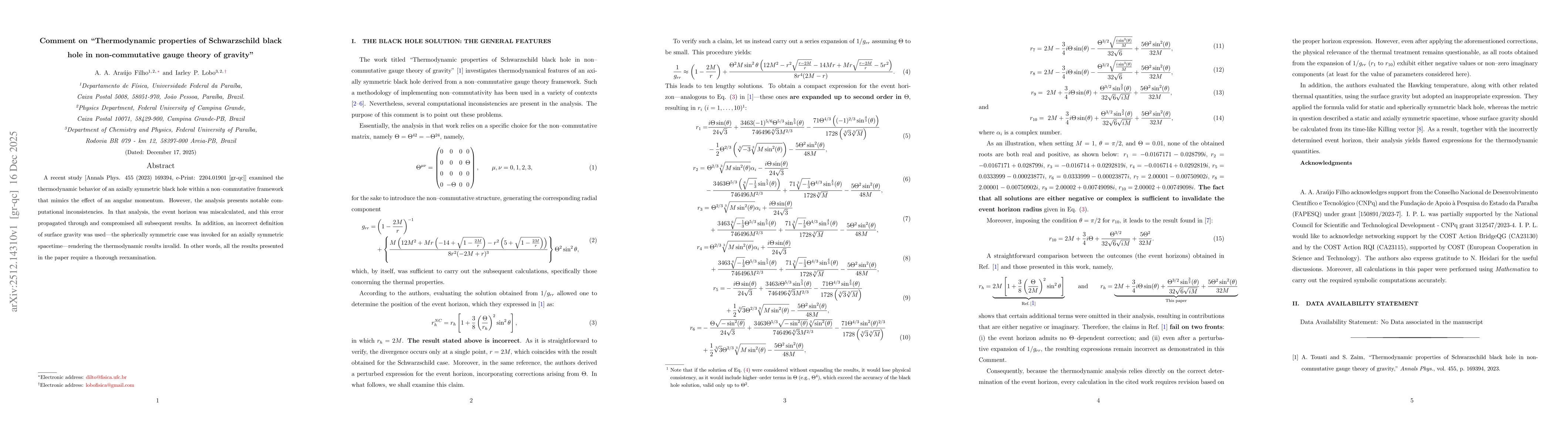 Thumbnail for Comment on "Thermodynamic properties of Schwarzschild black hole in non-commutative gauge theory of gravity"