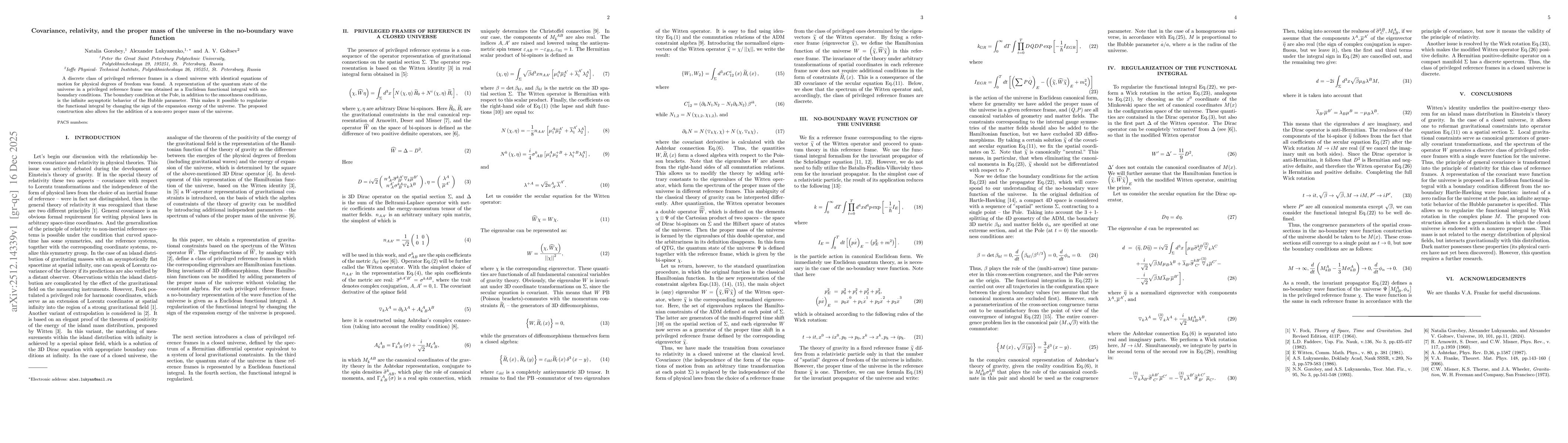 Thumbnail for Covariance, relativity, and the proper mass of the universe in the no-boundary wave function