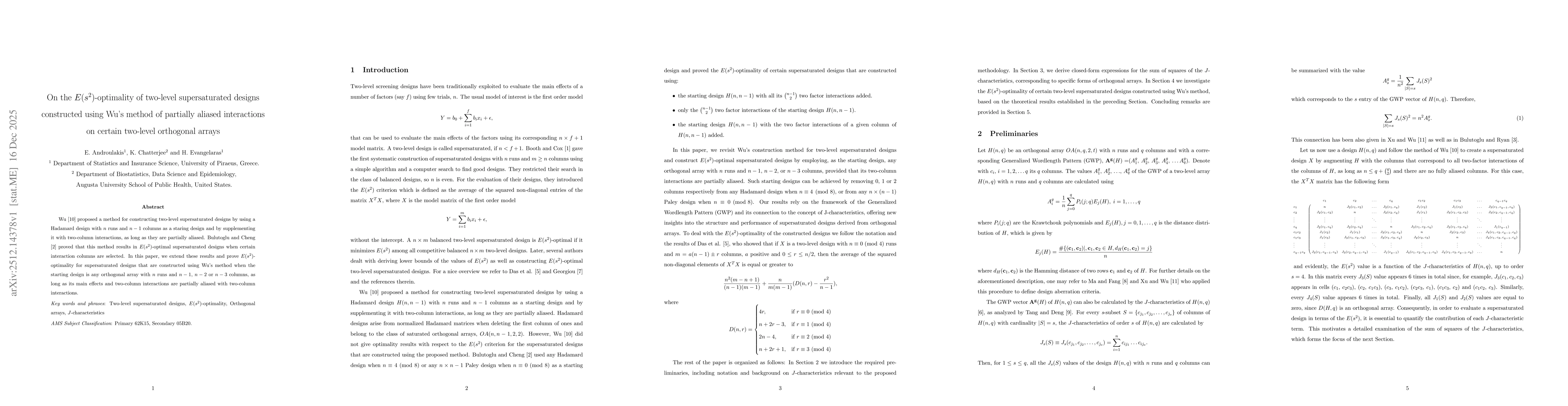 Thumbnail for On the E(s^2)-optimality of two-level supersaturated designs constructed using Wu's method of partially aliased interactions on certain two-level orthogonal arrays