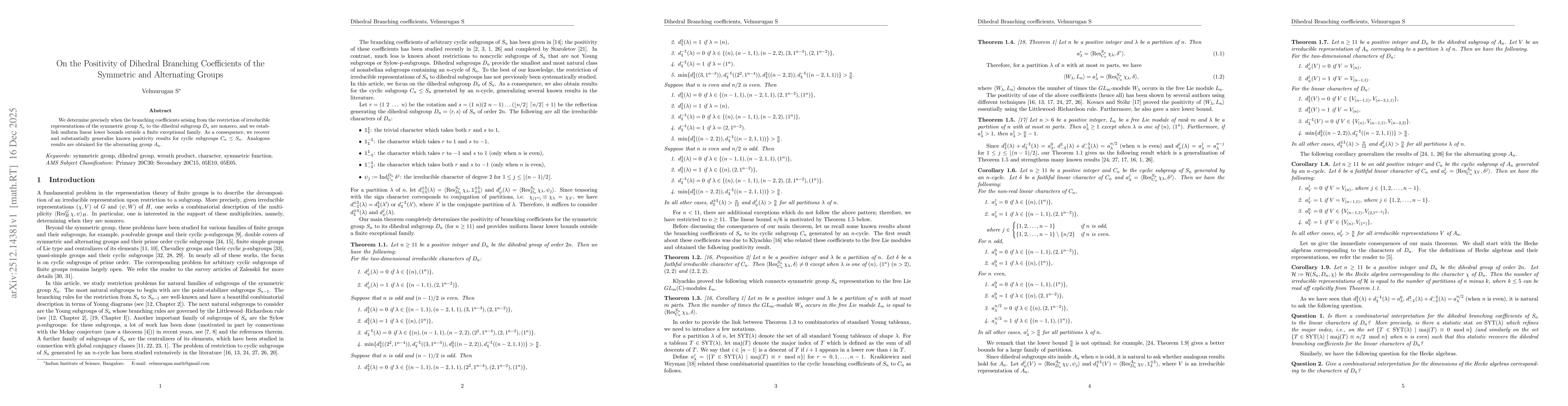 Thumbnail for On the Positivity of Dihedral Branching Coefficients of the Symmetric and Alternating Groups