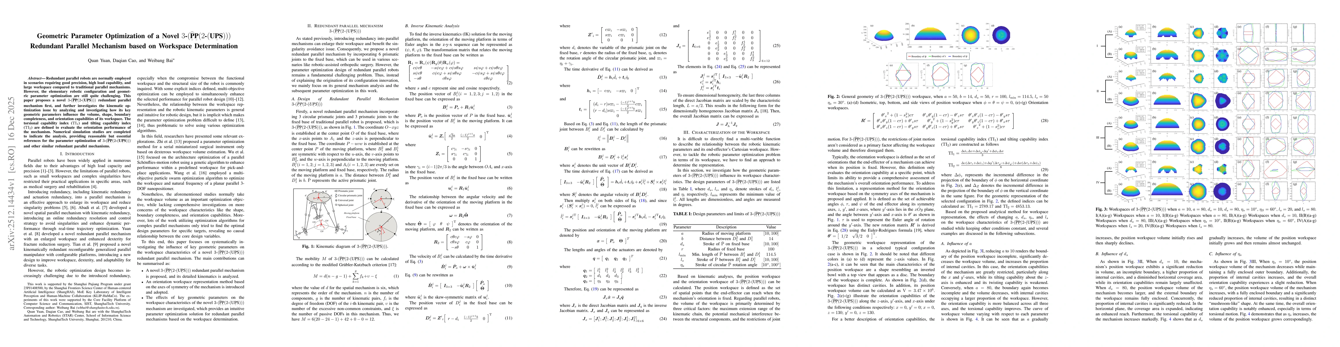 Thumbnail for Geometric Parameter Optimization of a Novel 3-(PP(2-(UPS))) Redundant Parallel Mechanism based on Workspace Determination