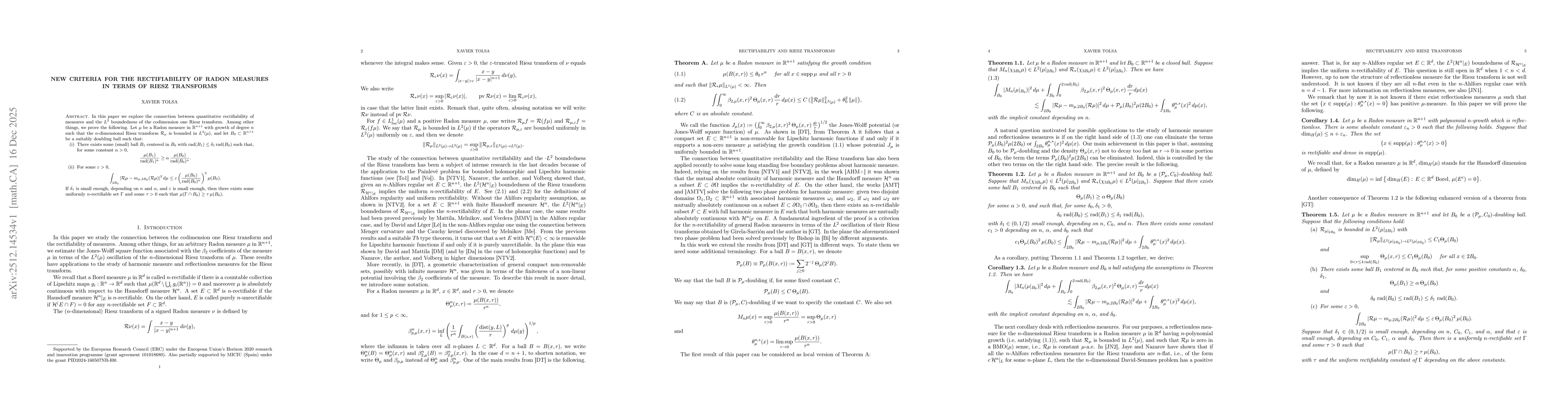 Thumbnail for New criteria for the rectifiability of Radon measures in terms of Riesz transforms