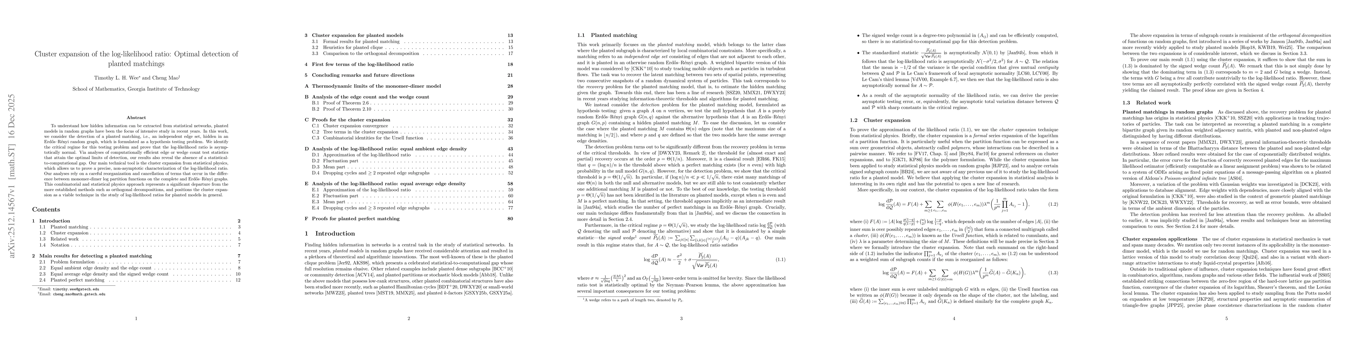 Thumbnail for Cluster expansion of the log-likelihood ratio: Optimal detection of planted matchings