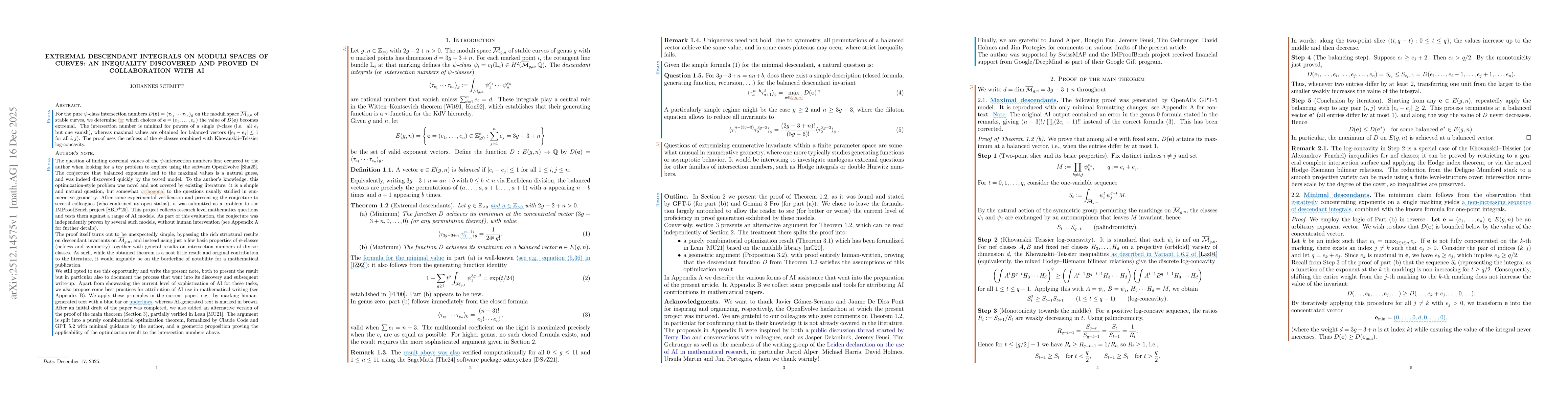 Thumbnail for Extremal descendant integrals on moduli spaces of curves: An inequality discovered and proved in collaboration with AI
