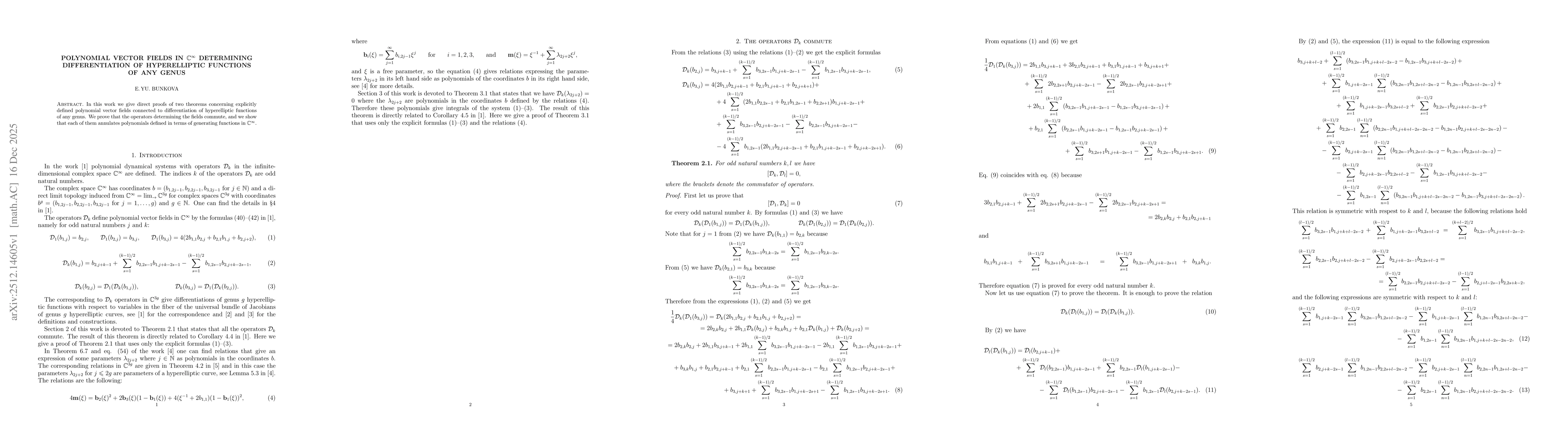 Thumbnail for Polynomial vector fields in $\mathbb{C}^\infty$ determining differentiation of hyperelliptic functions of any genus
