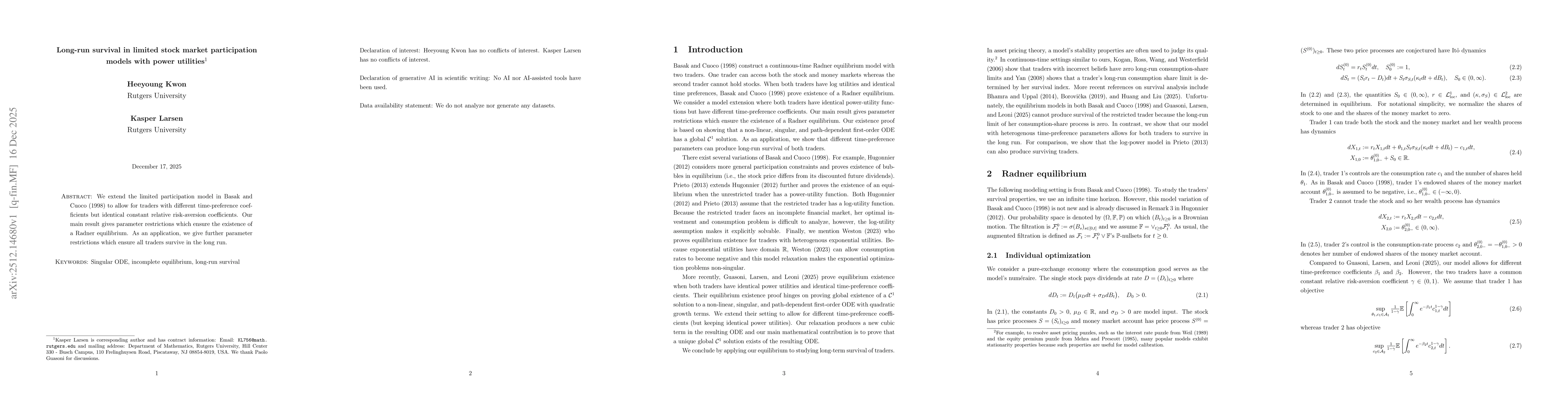 Thumbnail for Long-run survival in limited stock market participation models with power utilities