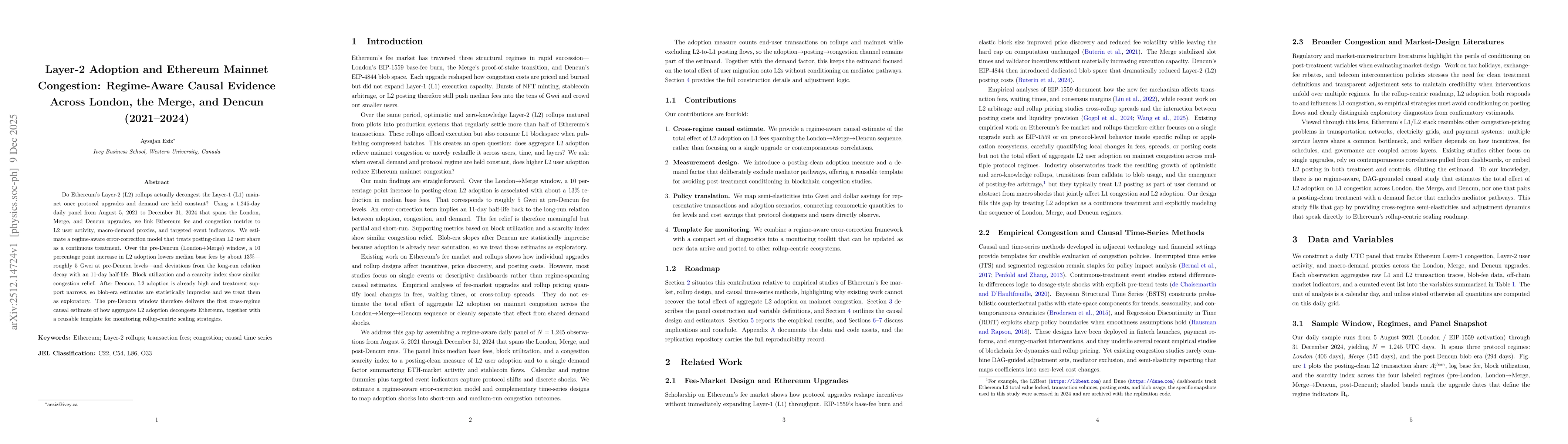 Thumbnail for Layer-2 Adoption and Ethereum Mainnet Congestion: Regime-Aware Causal Evidence Across London, the Merge, and Dencun (2021-2024)