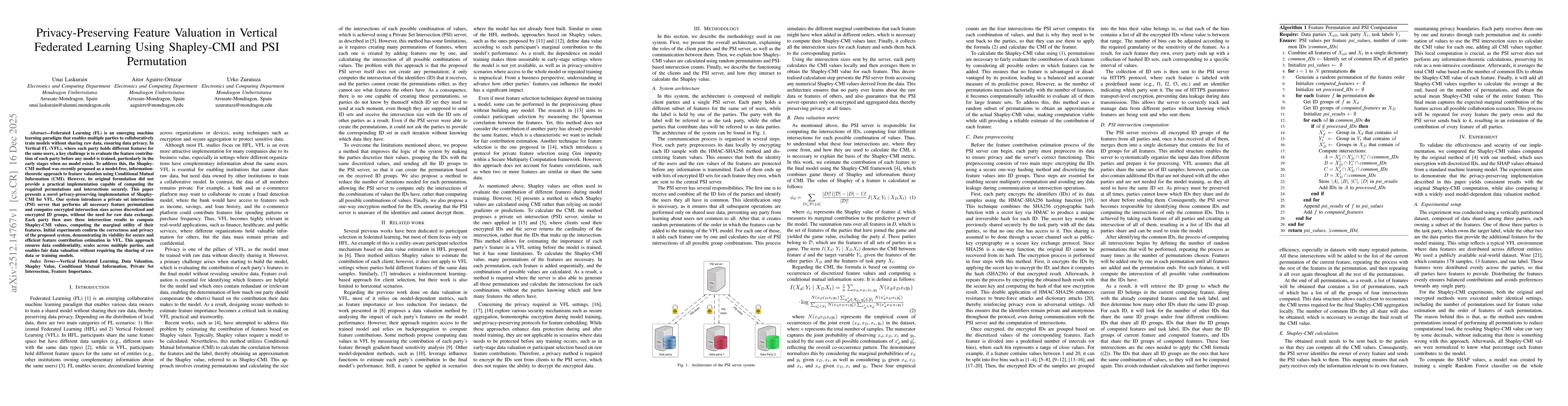 Thumbnail for Privacy-Preserving Feature Valuation in Vertical Federated Learning Using Shapley-CMI and PSI Permutation