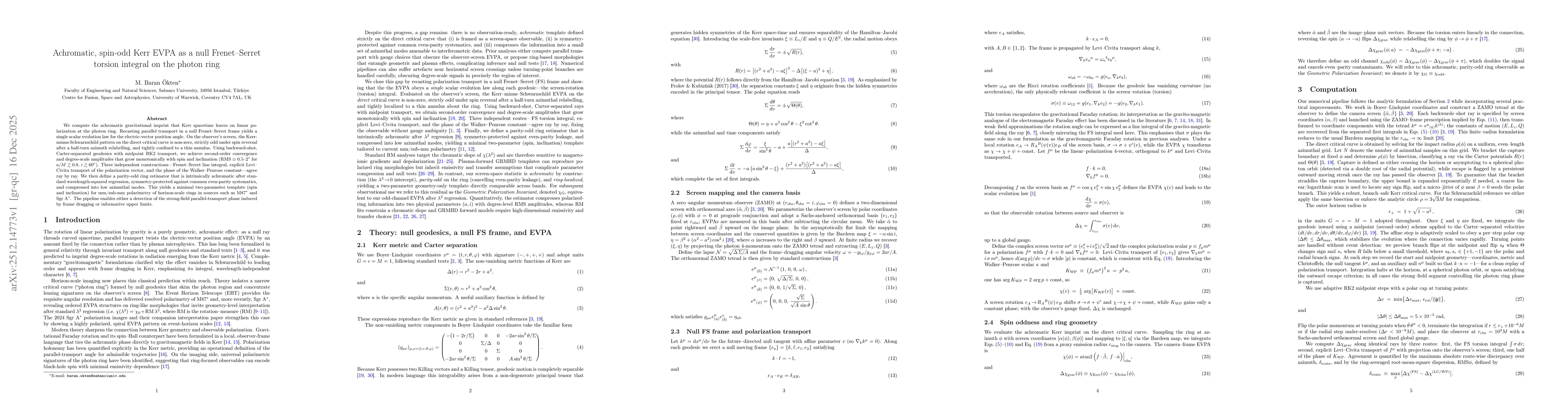 Thumbnail for Achromatic, spin-odd Kerr EVPA as a null Frenet--Serret torsion integral on the photon ring