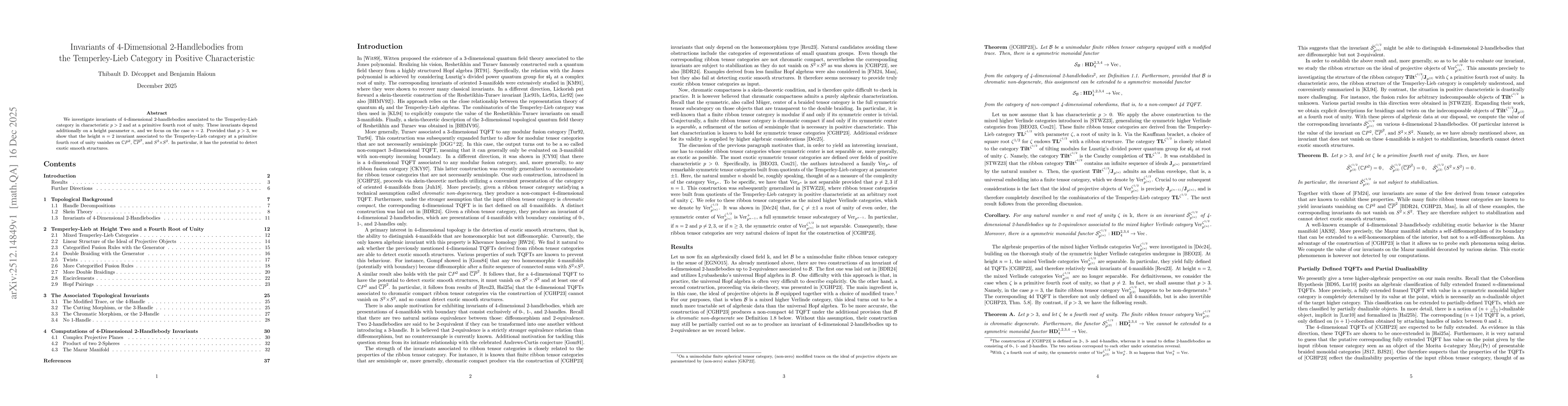 Thumbnail for Invariants of 4-Dimensional 2-Handlebodies from the Temperley-Lieb Category in Positive Characteristic