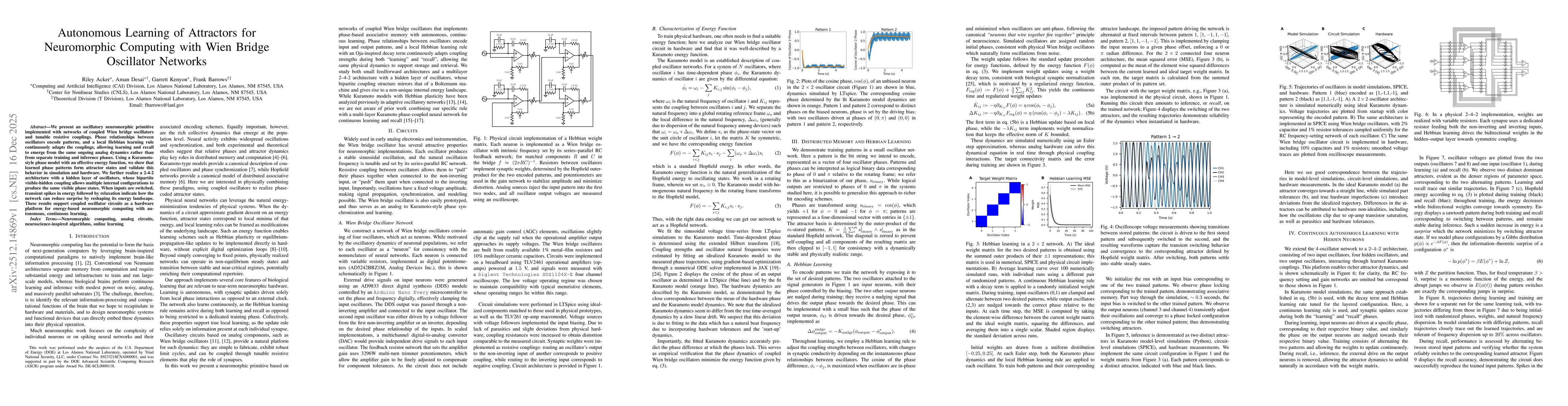 Thumbnail for Autonomous Learning of Attractors for Neuromorphic Computing with Wien Bridge Oscillator Networks