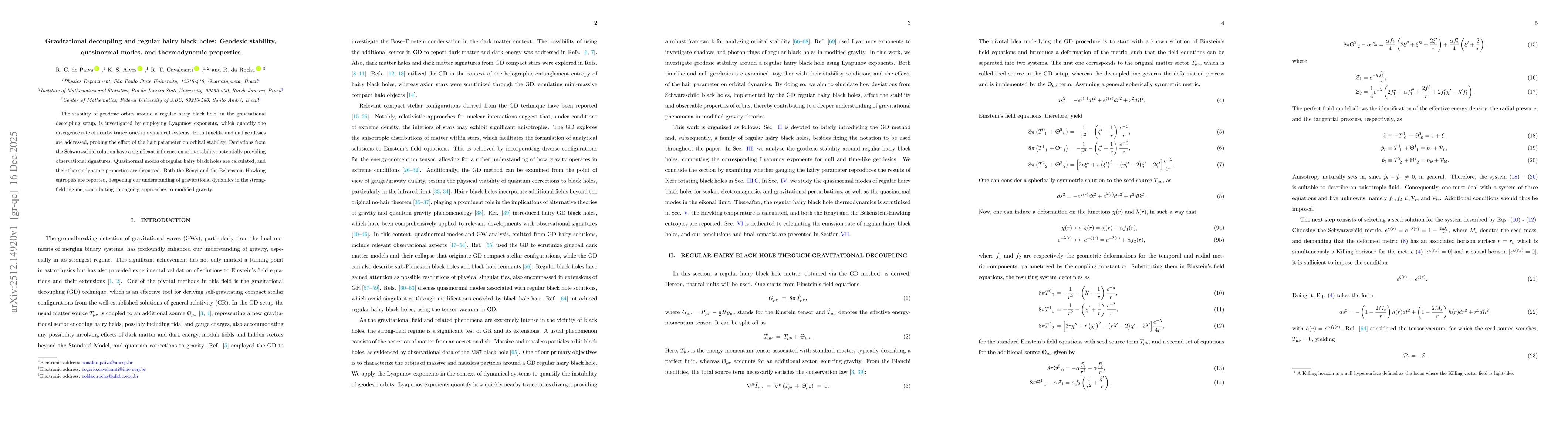 Thumbnail for Gravitational decoupling and regular hairy black holes: Geodesic stability, quasinormal modes, and thermodynamic properties