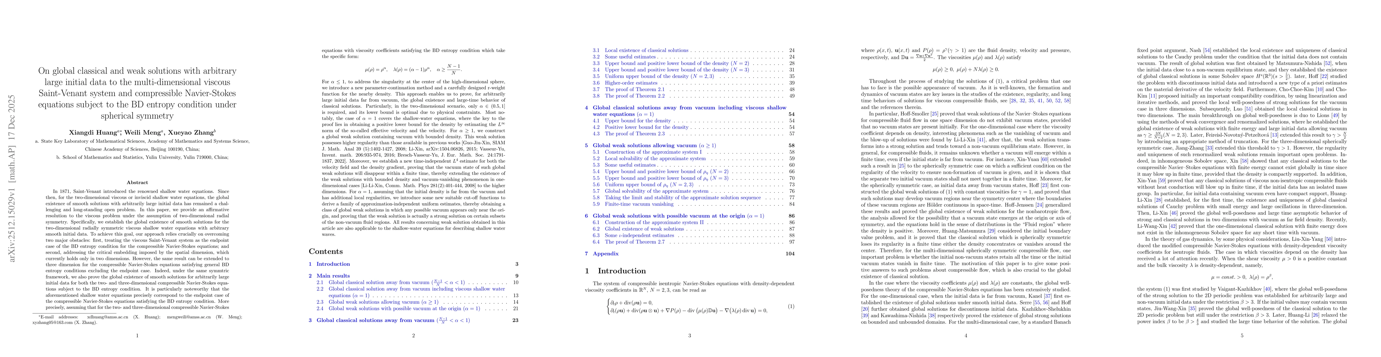 Thumbnail for On global classical and weak solutions with arbitrary large initial data to the multi-dimensional viscous Saint-Venant system and compressible Navier-Stokes equations subject to the BD entropy condition under spherical symmetry