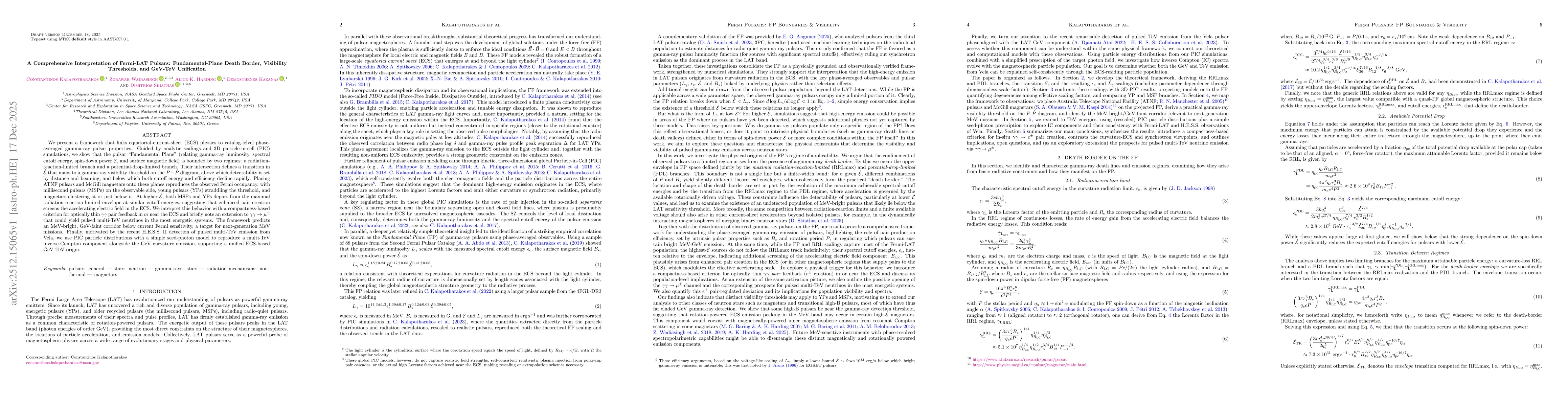 Thumbnail for A Comprehensive Interpretation of Fermi-LAT Pulsars: Fundamental-Plane Death Border, Visibility Thresholds, and GeV-TeV Unification