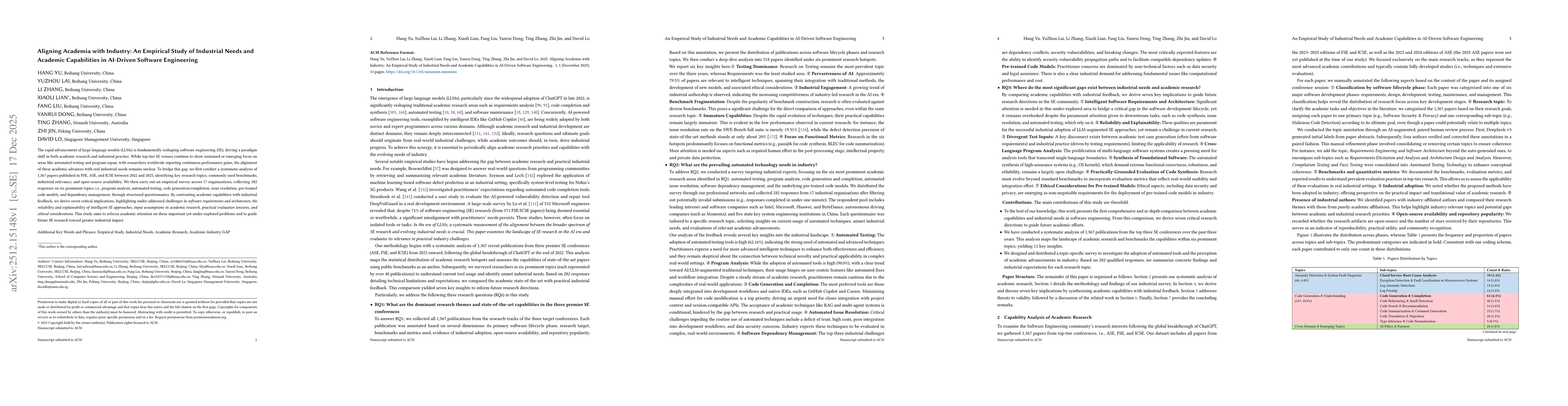Thumbnail for Aligning Academia with Industry: An Empirical Study of Industrial Needs and Academic Capabilities in AI-Driven Software Engineering