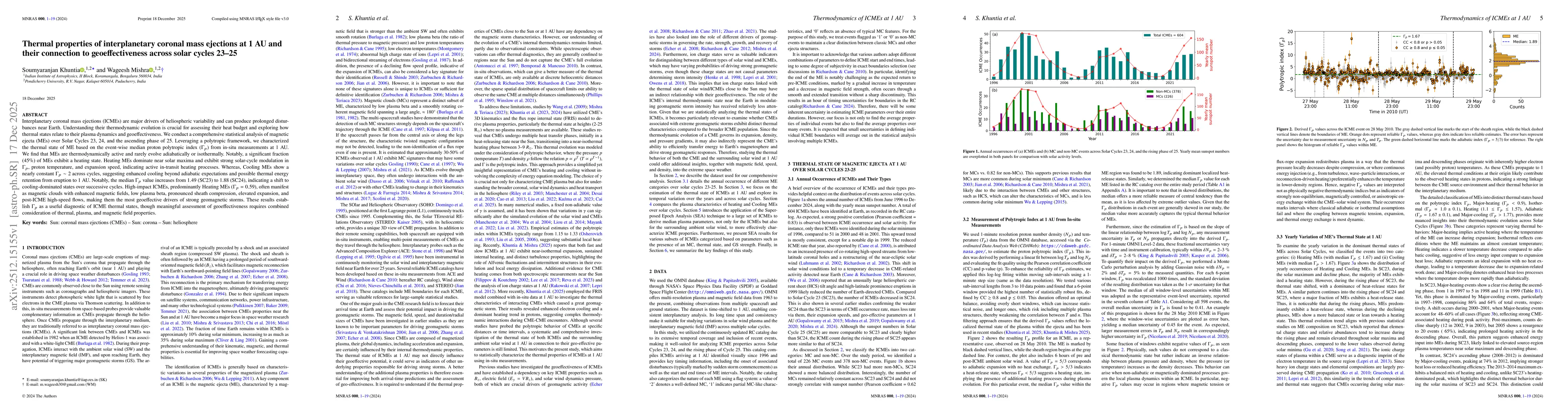 Thumbnail for Thermal properties of interplanetary coronal mass ejections at 1 AU and their connection to geoeffectiveness across solar cycles 23-25