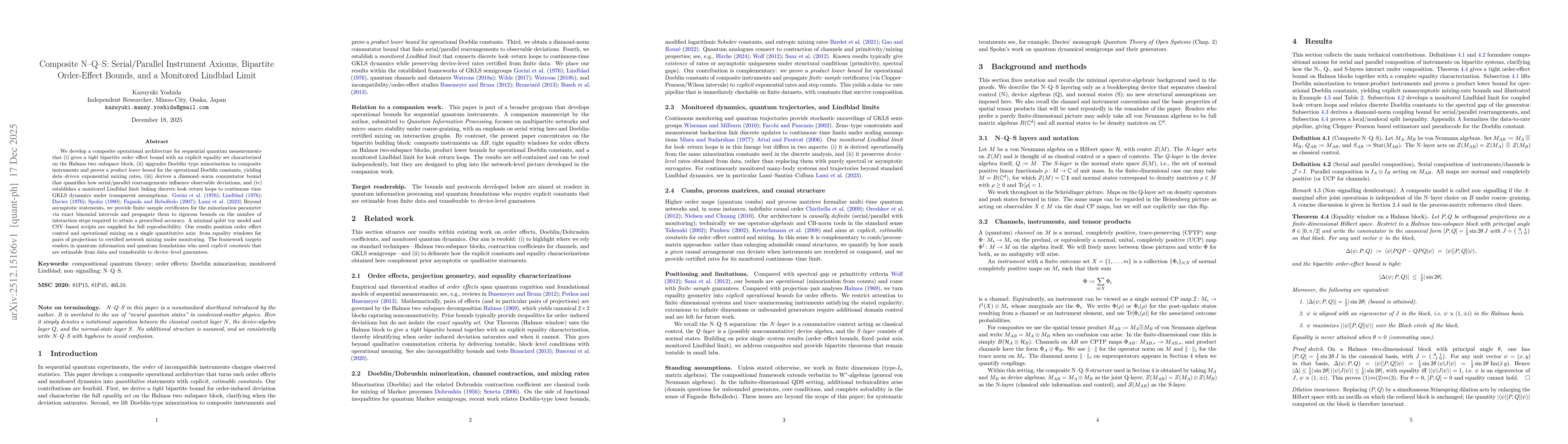 Thumbnail for Composite N-Q-S: Serial/Parallel Instrument Axioms, Bipartite Order-Effect Bounds, and a Monitored Lindblad Limit