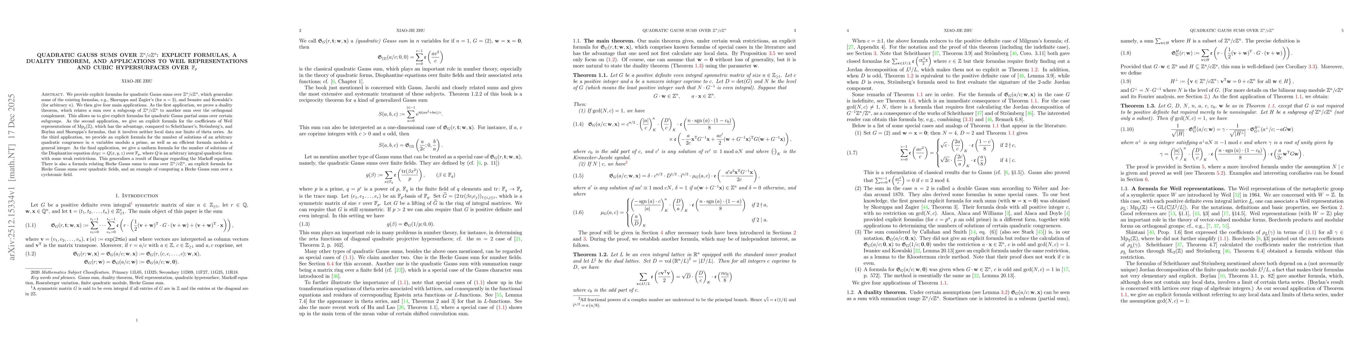 Thumbnail for Quadratic Gauss sums over $\mathbb{Z}^n/c\mathbb{Z}^n$: explicit formulas, a duality theorem, and applications to Weil representations and cubic hypersurfaces over $\mathbb{F}_p$