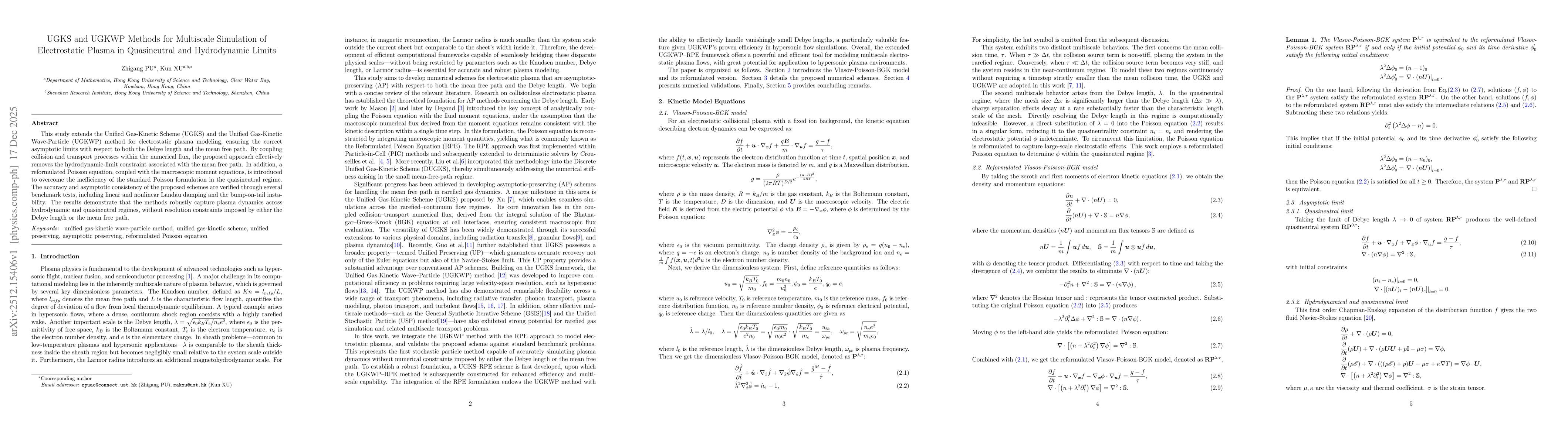 Thumbnail for UGKS and UGKWP Methods for Multiscale Simulation of Electrostatic Plasma in Quasineutral and Hydrodynamic Limits