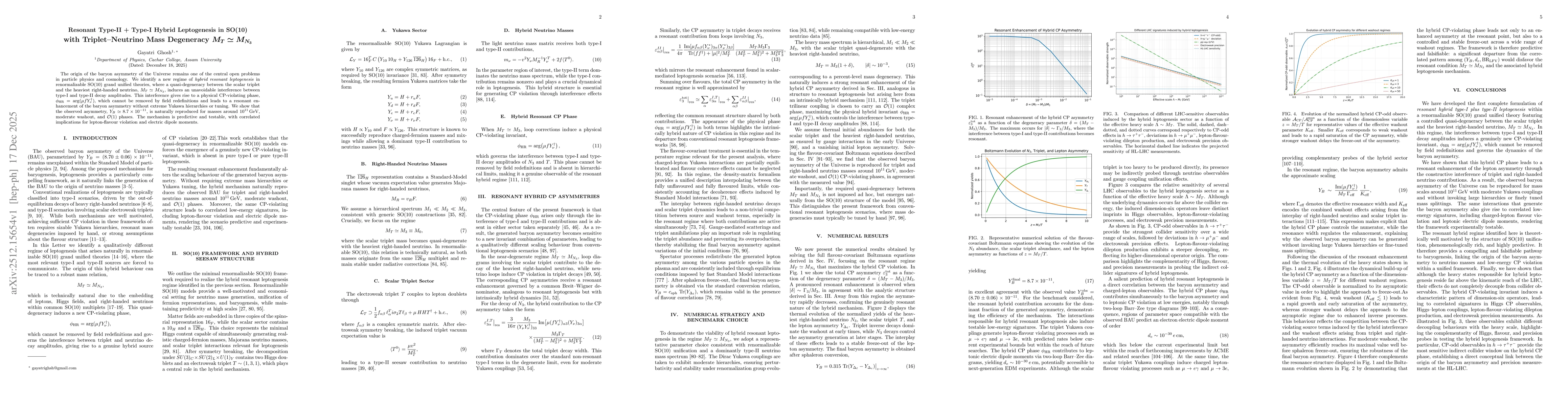 Thumbnail for Resonant Type-II + Type-I Hybrid Leptogenesis in SO(10) with Triplet--Neutrino Mass Degeneracy $M_T \simeq M_{N_3}$