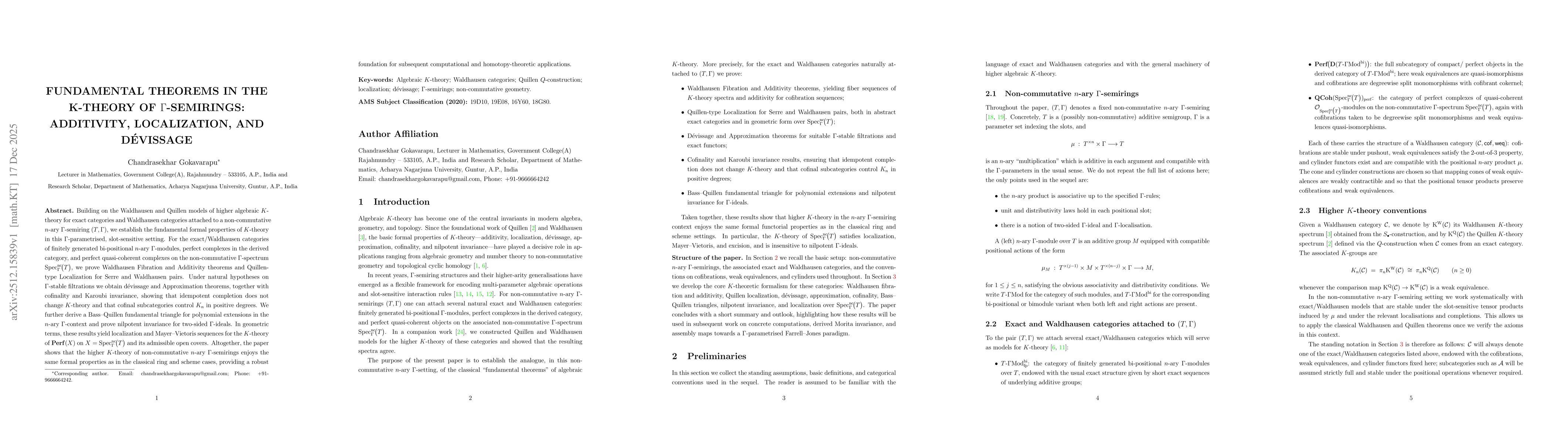 Thumbnail for Fundamental Theorems in the K-Theory of Gamma Semirings: Additivity, Localization, and Dévissage