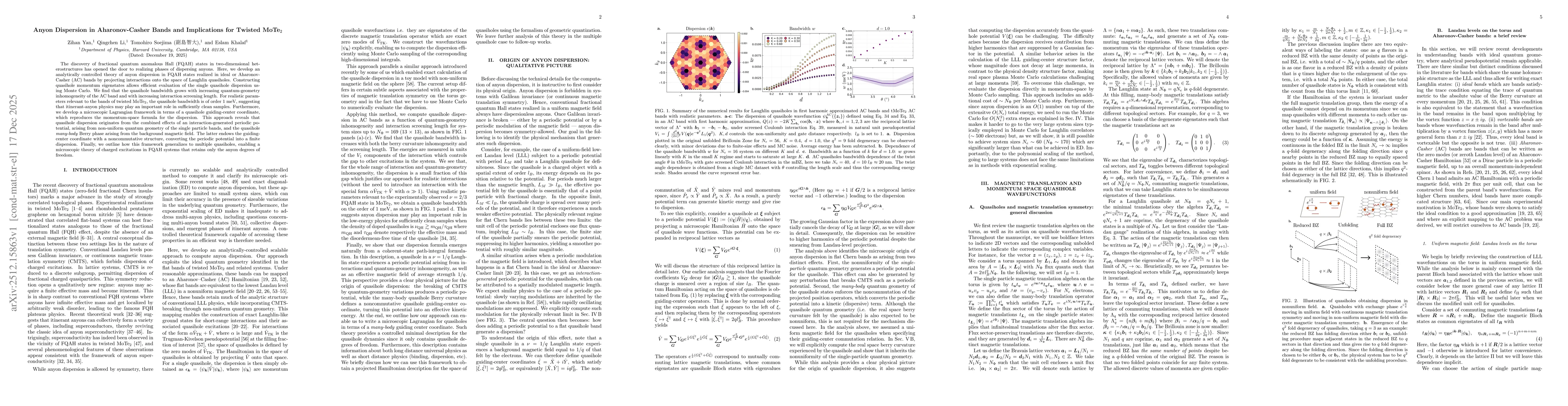 Thumbnail for Anyon Dispersion in Aharonov-Casher Bands and Implications for Twisted MoTe${}_2$