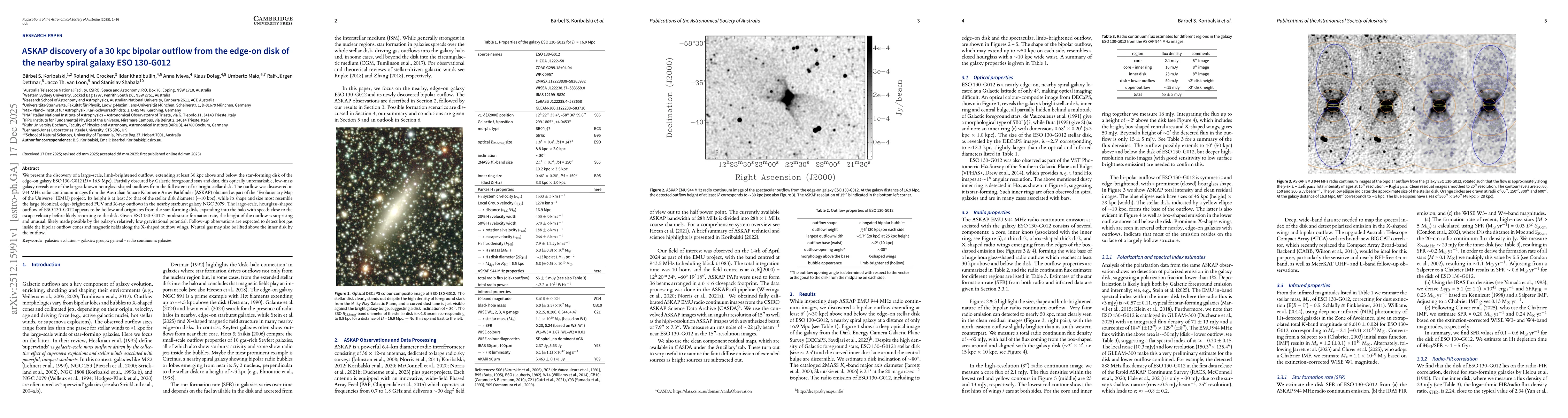 Thumbnail for ASKAP discovery of a 30 kpc bipolar outflow from the edge-on disk of the nearby spiral galaxy ESO 130-G012