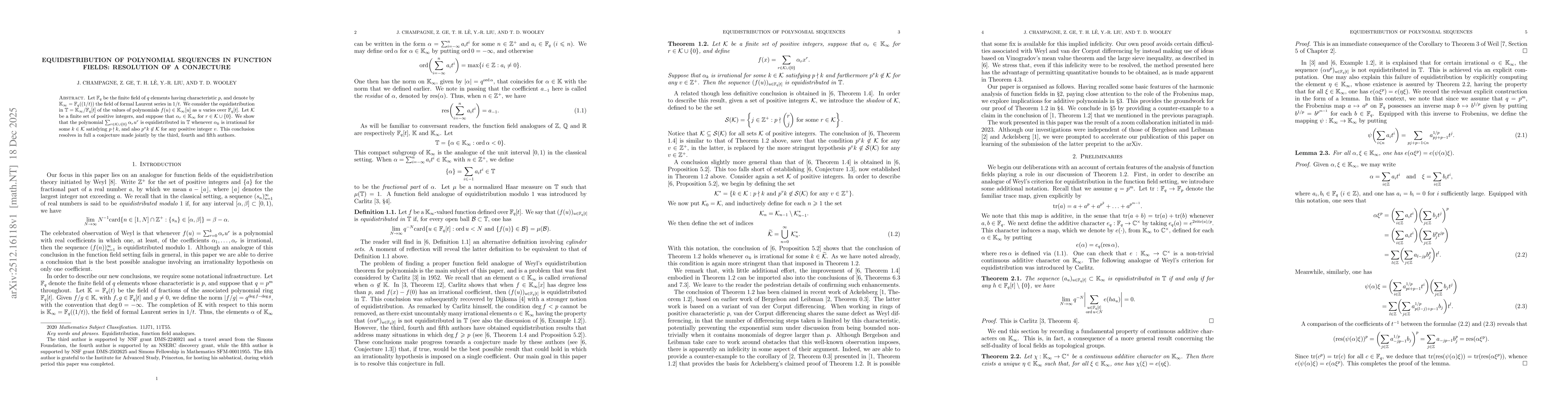 Thumbnail for Equidistribution of polynomial sequences in function fields: resolution of a conjecture