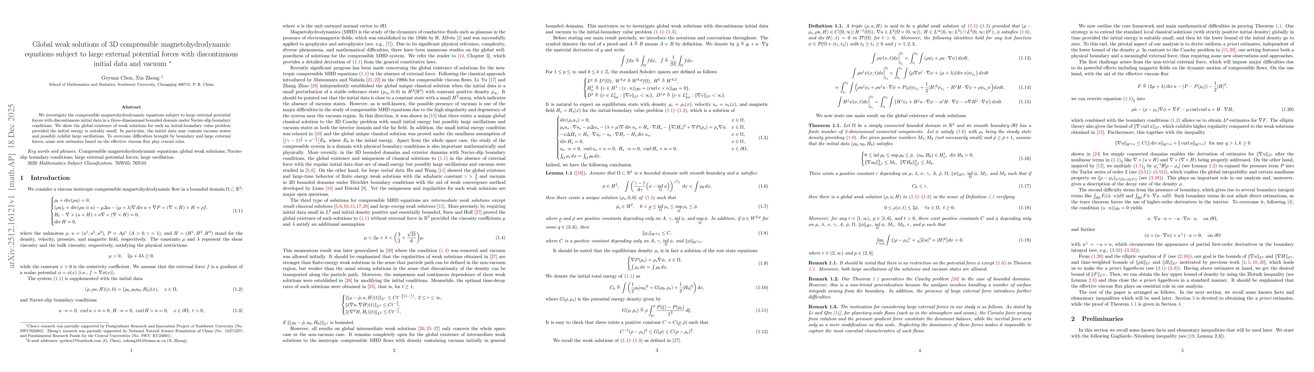 Thumbnail for Global weak solutions of 3D compressible magnetohydrodynamic equations subject to large external potential forces with discontinuous initial data and vacuum