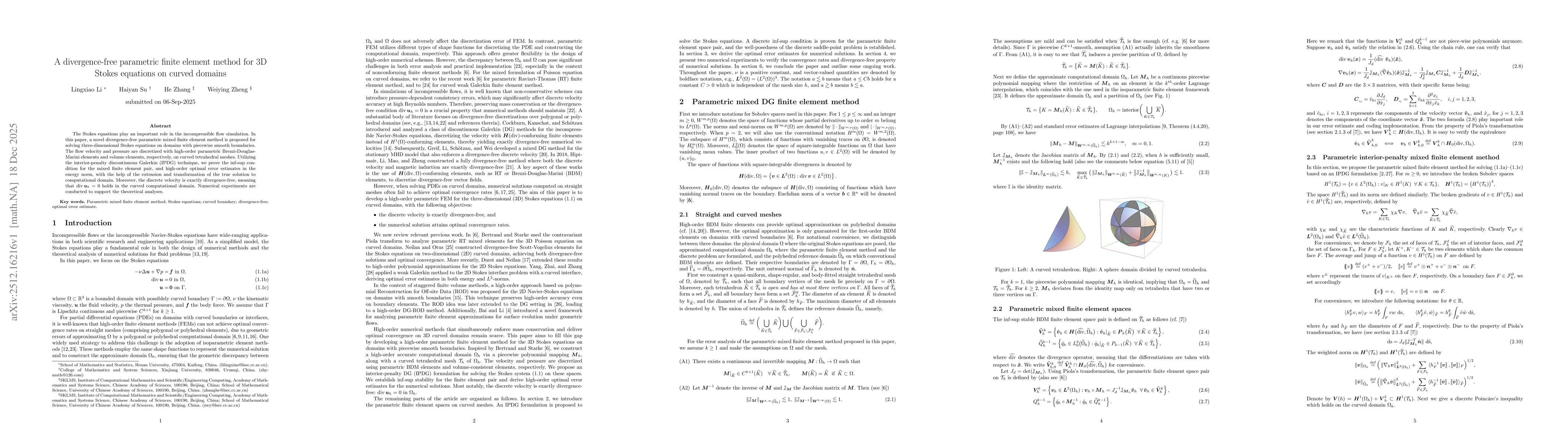 Thumbnail for A divergence-free parametric finite element method for 3D Stokes equations on curved domains