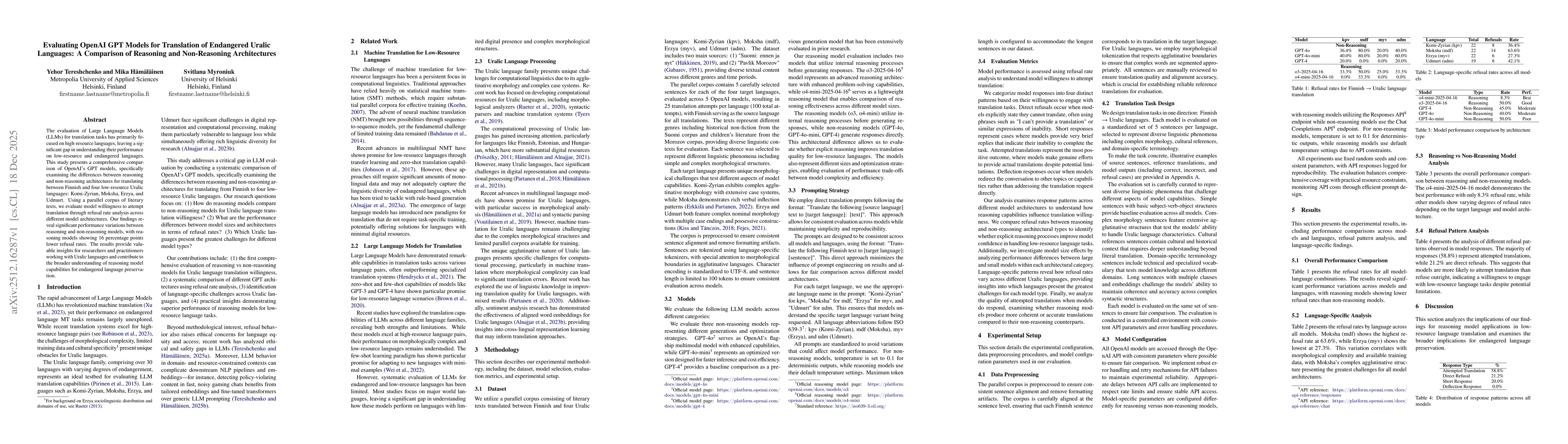 Thumbnail for Evaluating OpenAI GPT Models for Translation of Endangered Uralic Languages: A Comparison of Reasoning and Non-Reasoning Architectures