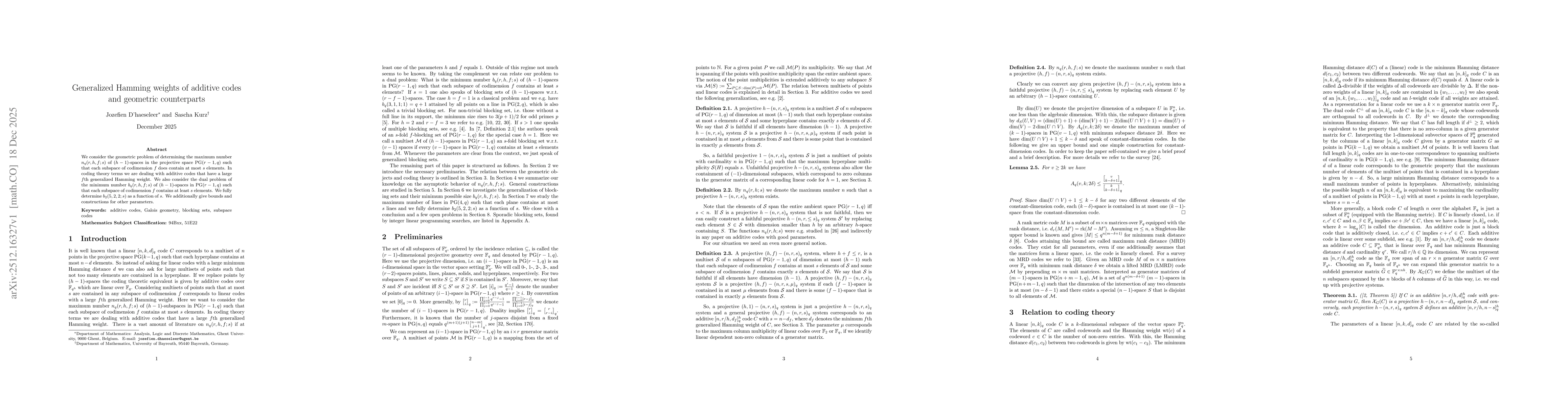 Thumbnail for Generalized Hamming weights of additive codes and geometric counterparts