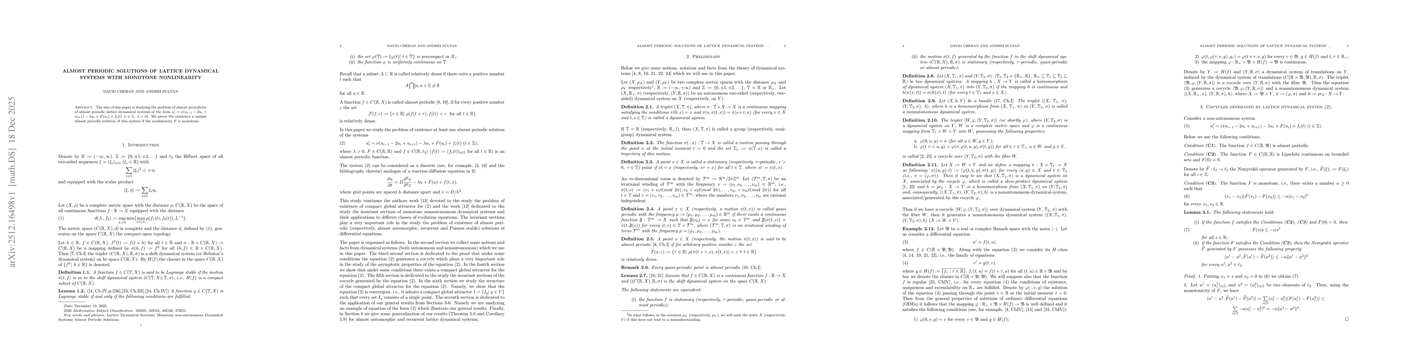 Thumbnail for Almost Periodic Solutions of Lattice Dynamical Systems with Monotone Nonlinearity