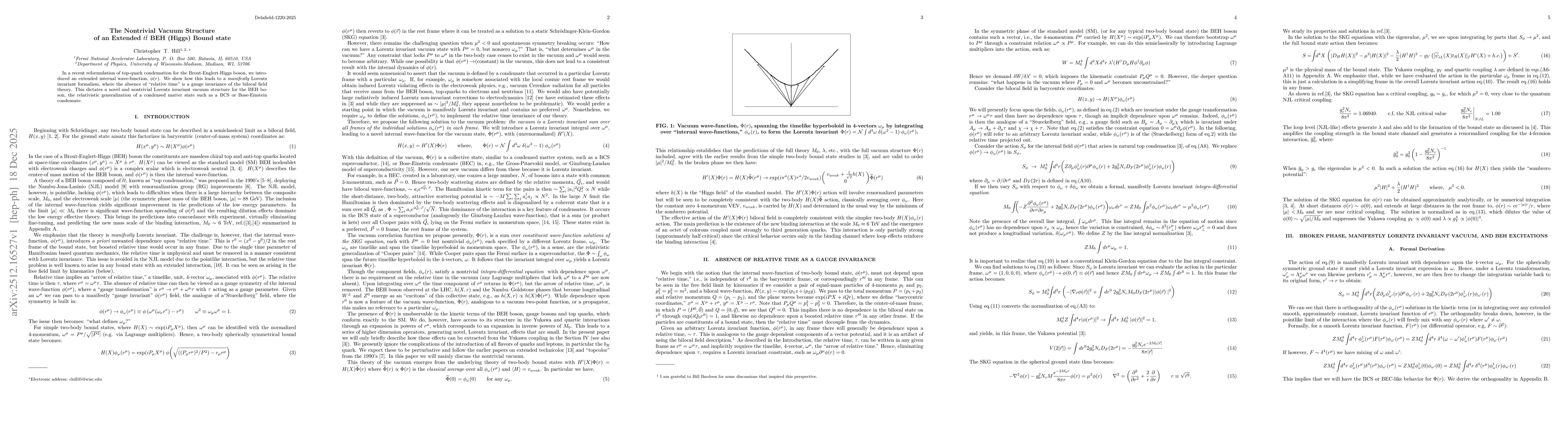 Thumbnail for The Nontrivial Vacuum Structure of an Extended $t\bar{t}$ BEH (Higgs) Bound State