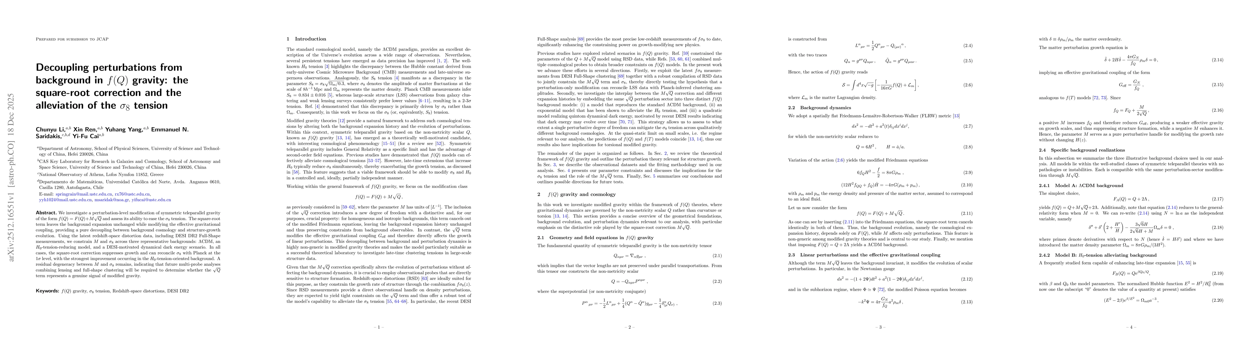 Thumbnail for Decoupling perturbations from background in $f(Q)$ gravity: the square-root correction and the alleviation of the $σ_8$ tension
