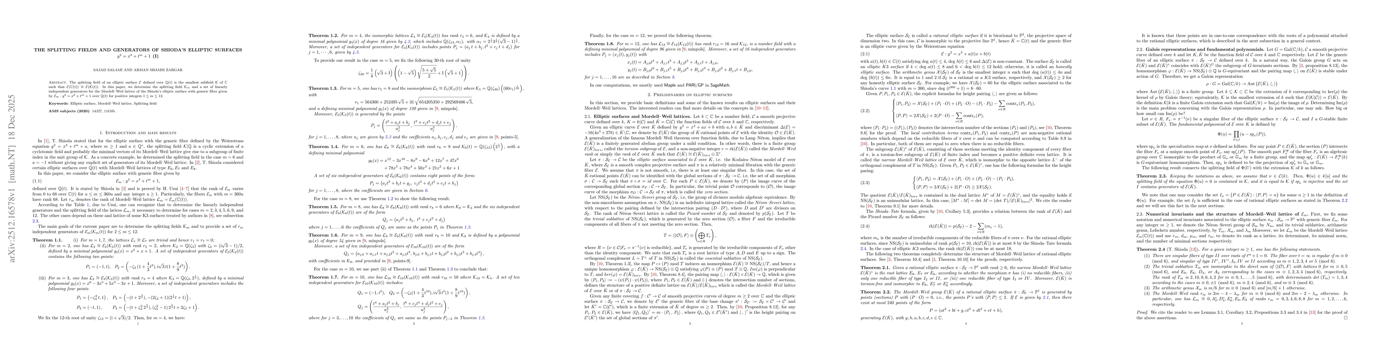 Thumbnail for The splitting fields and Generators of Shioda's elliptic surfaces $y^2=x^3 +t^{m} +1$ (I)