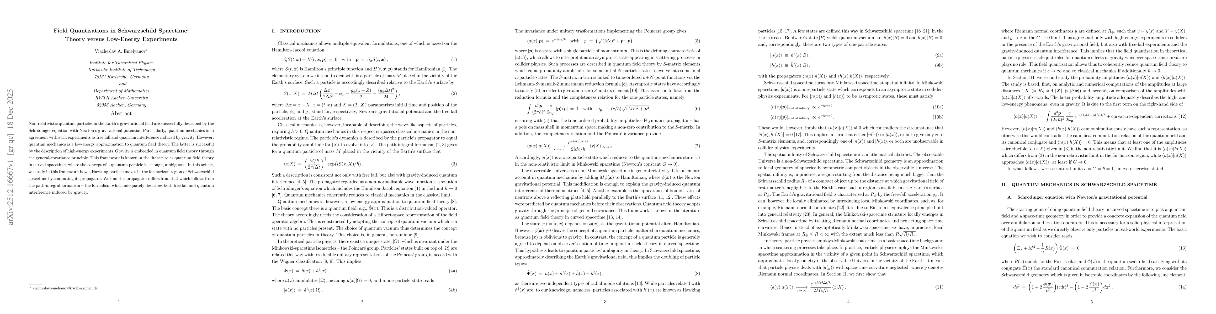 Thumbnail for Field Quantisations in Schwarzschild Spacetime: Theory versus Low-Energy Experiments