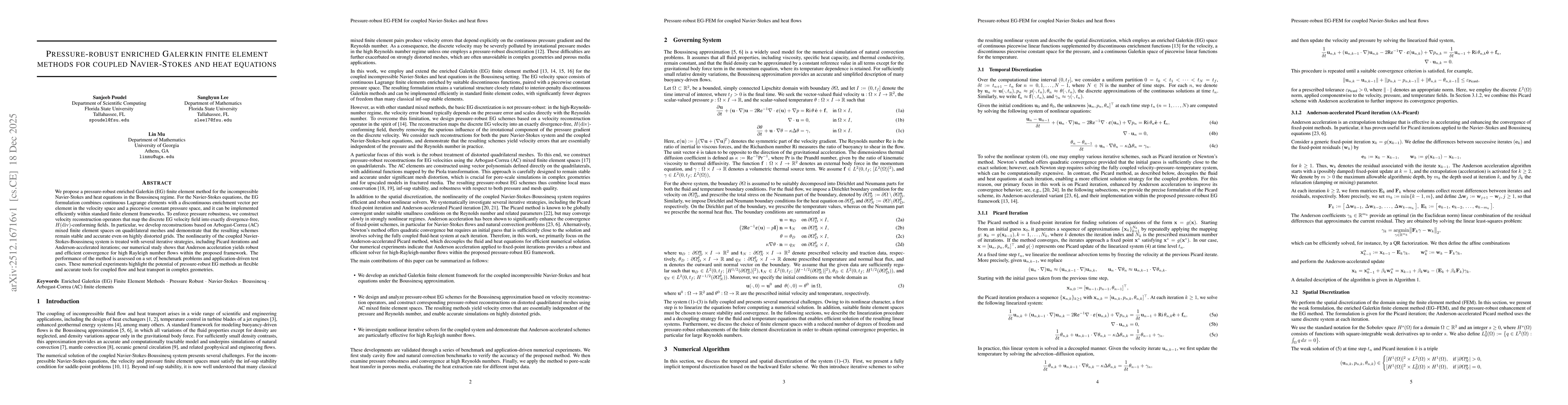 Thumbnail for Pressure-robust enriched Galerkin finite element methods for coupled Navier-Stokes and heat equations