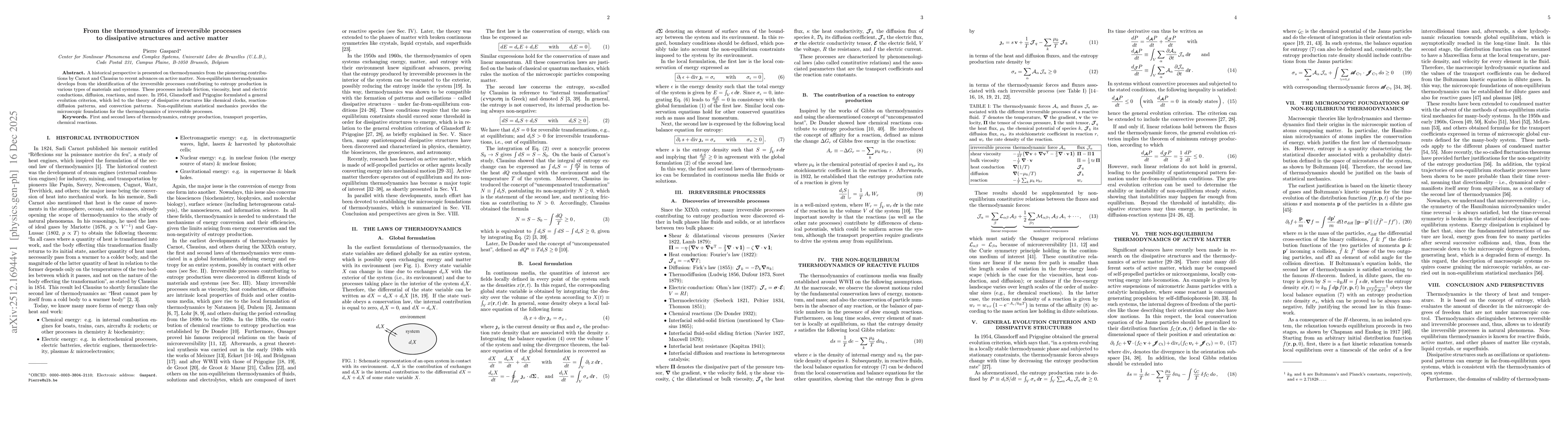 Thumbnail for From the thermodynamics of irreversible processes to dissipative structures and active matter