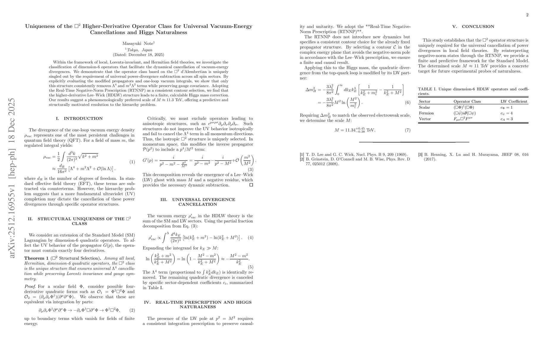 Thumbnail for Uniqueness of the $\Box^2$ Higher-Derivative Operator Class for Universal Vacuum-Energy Cancellations and Higgs Naturalness