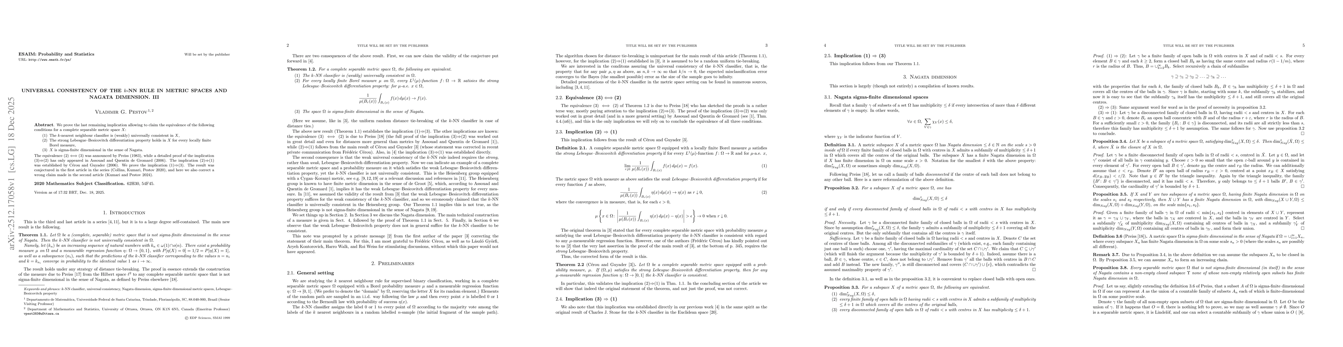 Thumbnail for Universal consistency of the $k$-NN rule in metric spaces and Nagata dimension. III