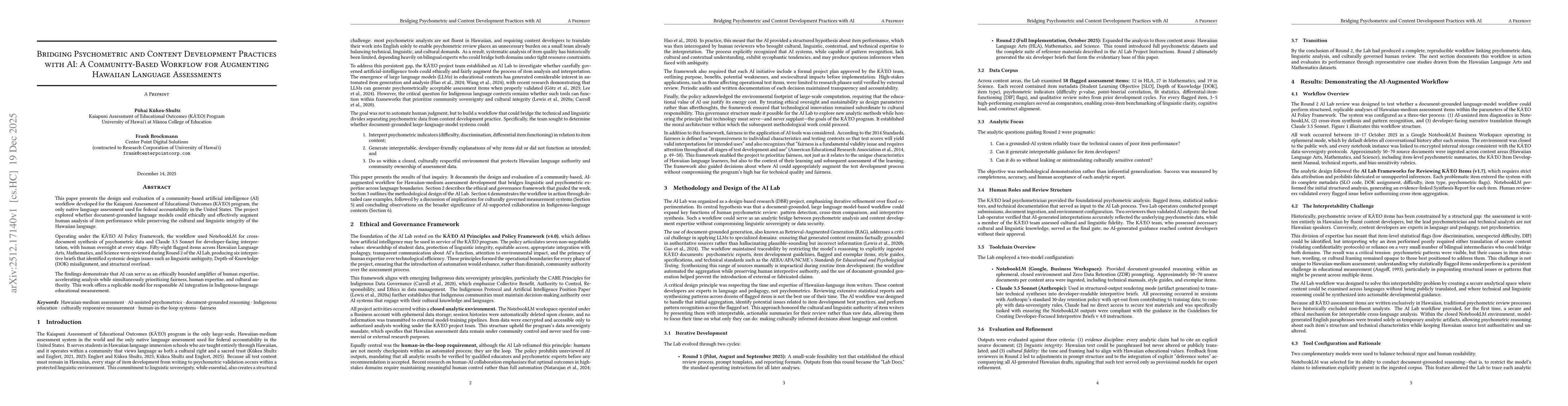 Thumbnail for Bridging Psychometric and Content Development Practices with AI: A Community-Based Workflow for Augmenting Hawaiian Language Assessments
