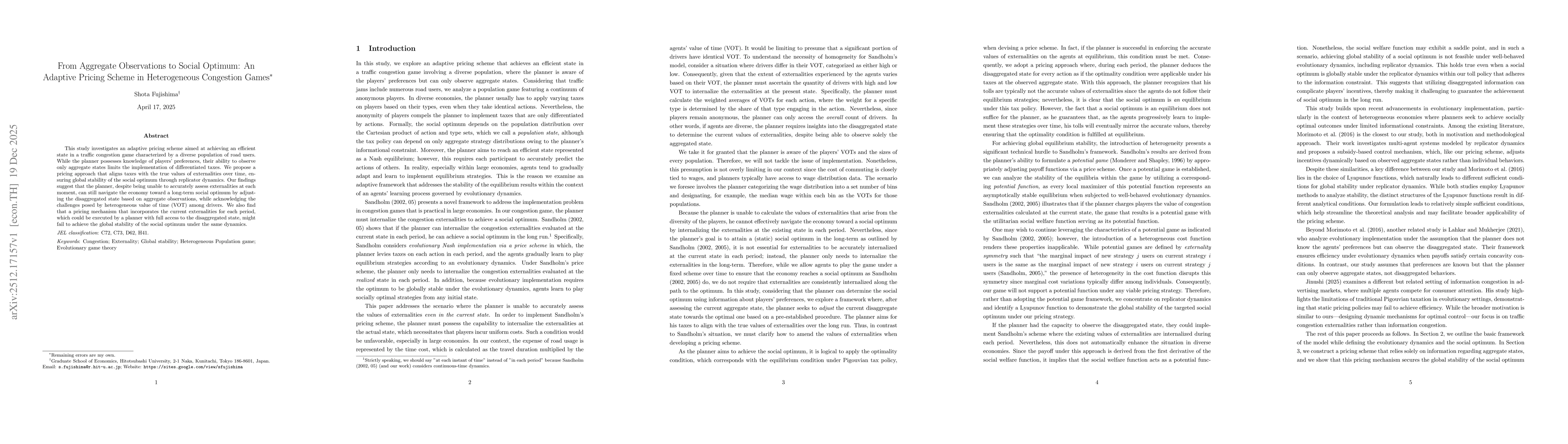 Thumbnail for From Aggregate Observations to Social Optimum: An Adaptive Pricing Scheme in Heterogeneous Congestion Games