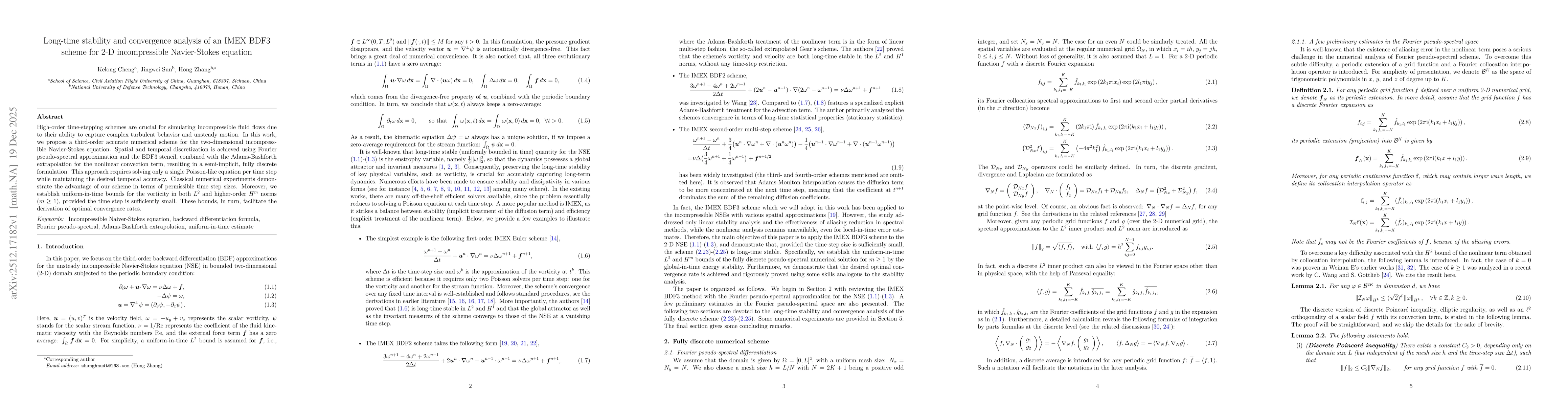 Thumbnail for Long-time stability and convergence analysis of an IMEX BDF3 scheme for 2-D incompressible Navier-Stokes equation