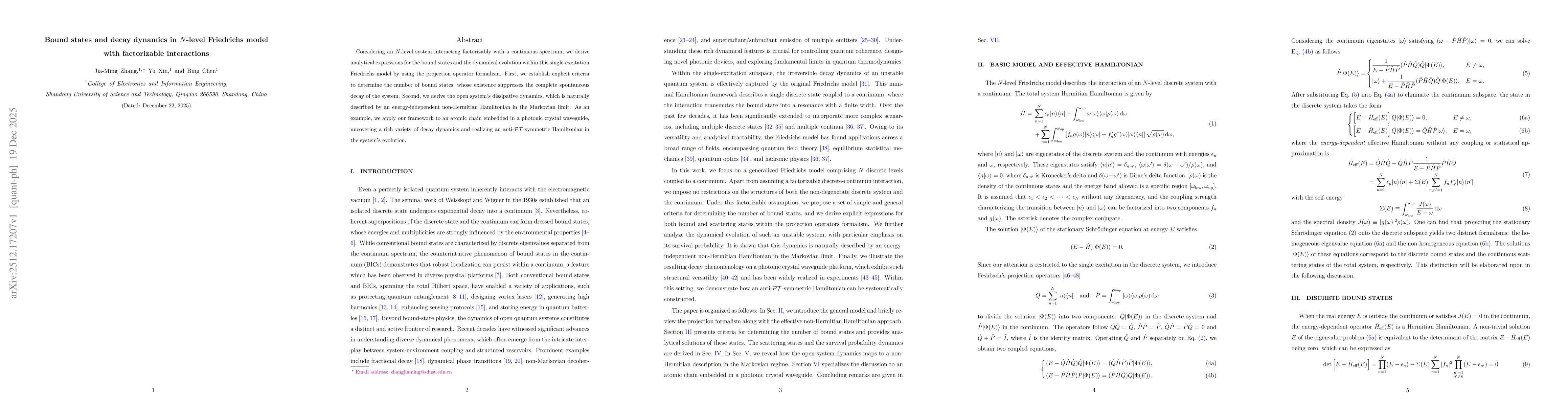 Thumbnail for Bound states and decay dynamics in $N$-level Friedrichs model with factorizable interactions