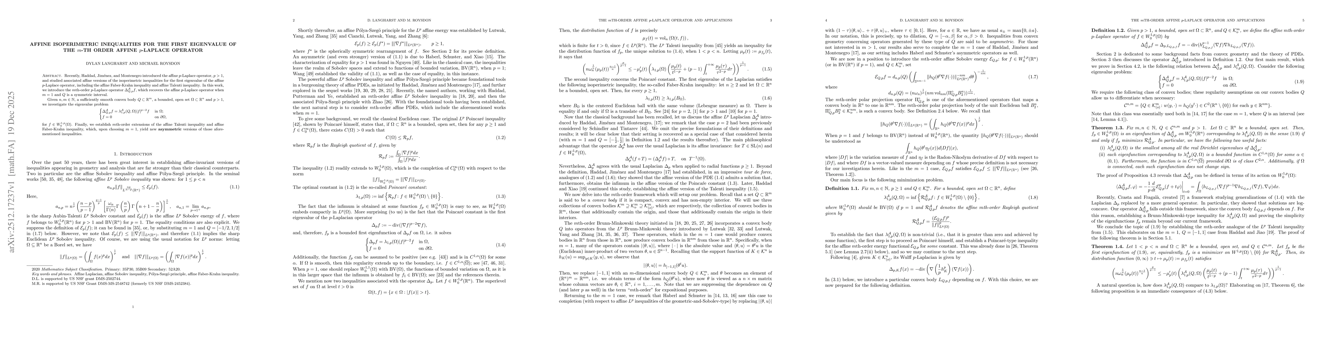 Thumbnail for Affine isoperimetric inequalities for the first eigenvalue of the $m$-th order Affine $p$-Laplace Operator