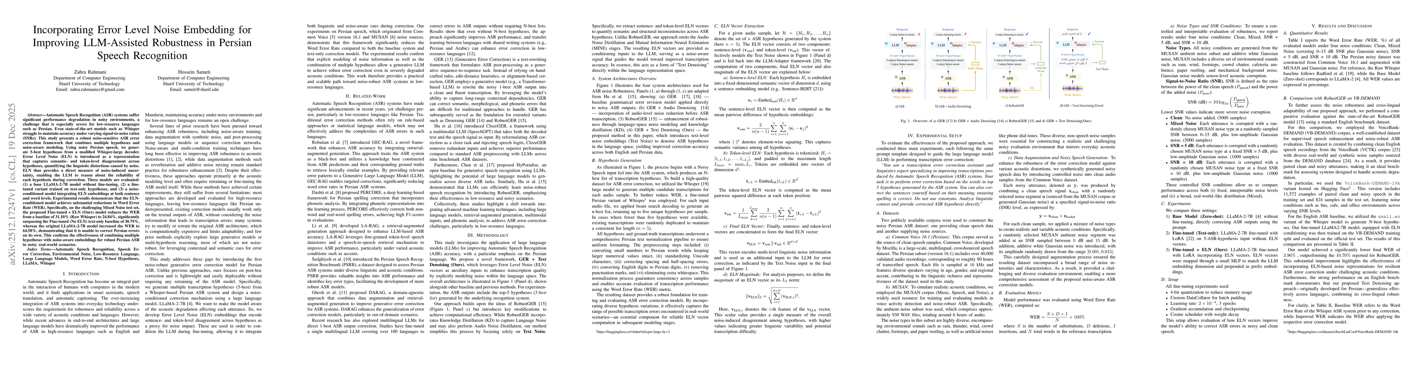 Thumbnail for Incorporating Error Level Noise Embedding for Improving LLM-Assisted Robustness in Persian Speech Recognition