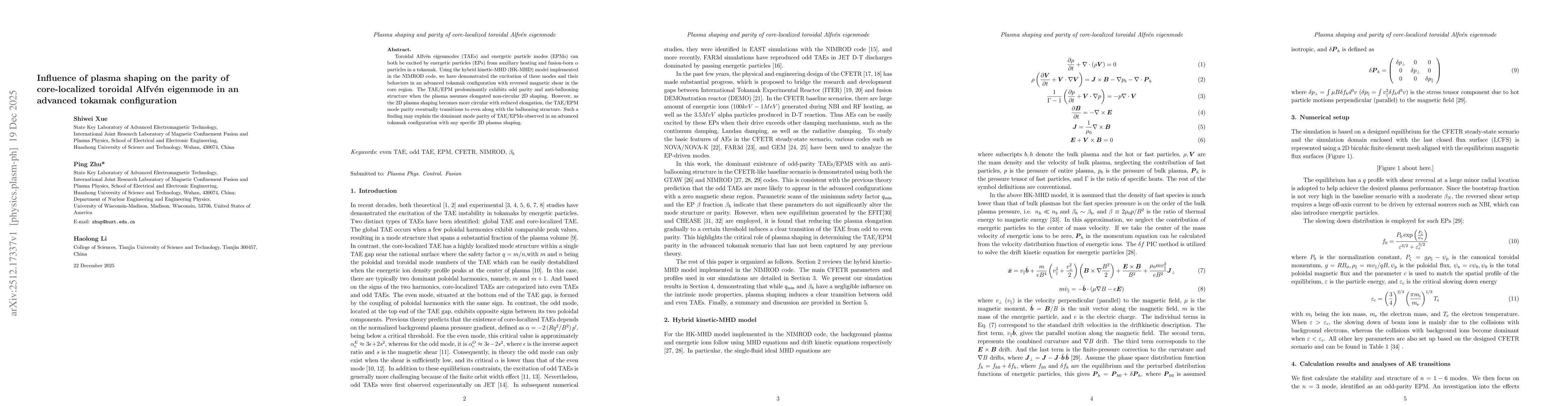 Thumbnail for Influence of plasma shaping on the parity of core-localized toroidal Alfvén eigenmode in an advanced tokamak configuration