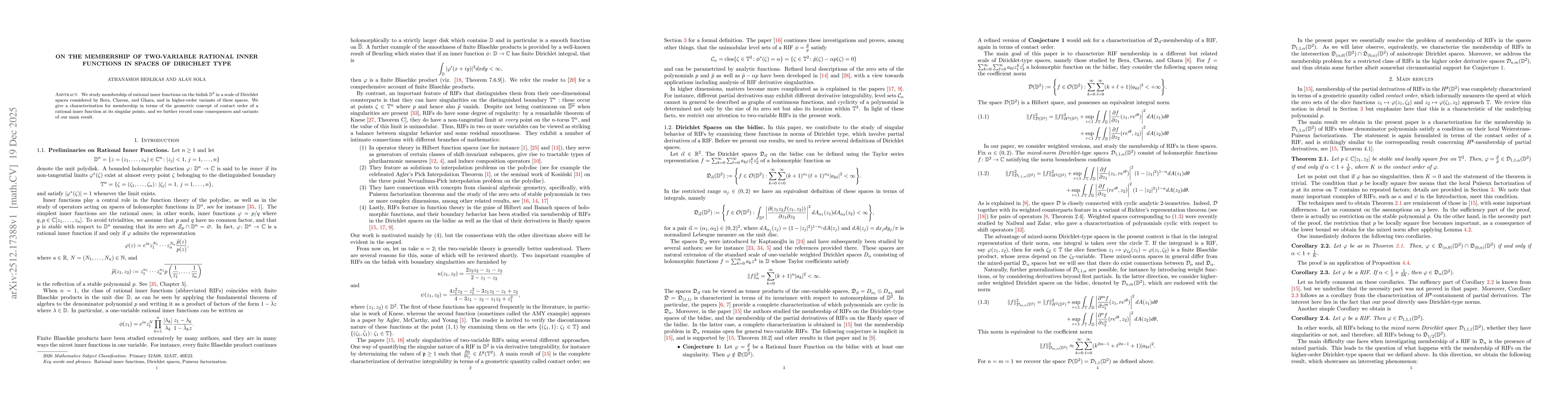 Thumbnail for On the membership of two-variable Rational Inner Functions in spaces of Dirichlet-type